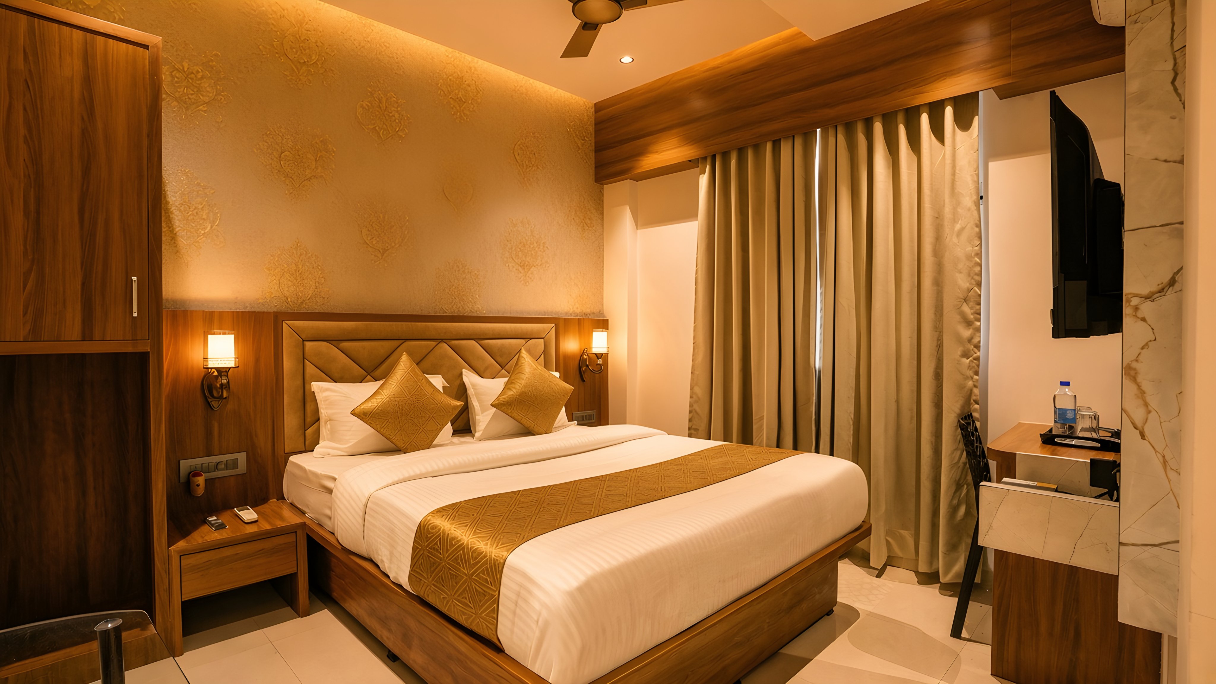 Deluxe room with lamps, curtains and a work desk